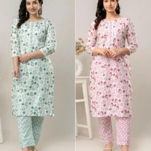 Pack of 2 Women Floral Print Cotton Blend A-line Kurta (Pink, Green)