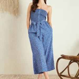 Blue Strapless Floral Jumpsuit
