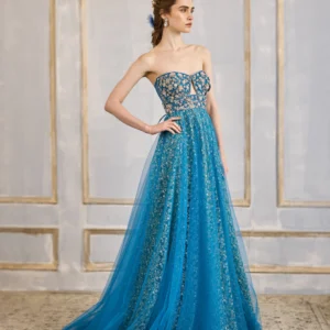 Royal Blue Embroidered Strapless Gown