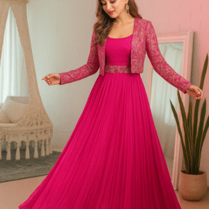 Elegant Fuchsia Anarkali Gown with Embroidered Jacket